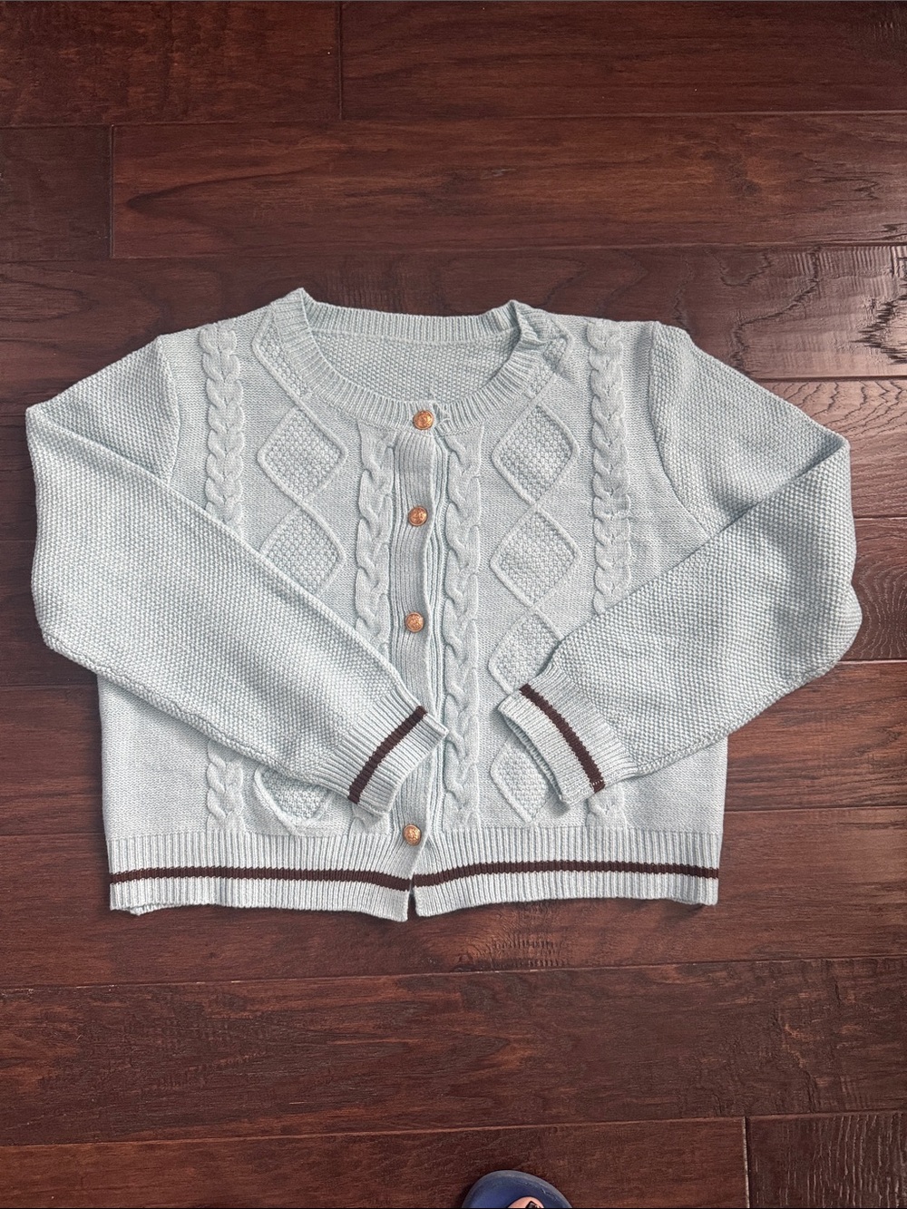 NWOT Cardigan with Contrast Trim Women's XL Light Blue Cable-Knit Button